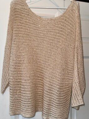 Cream Open Knit Sequin Sweater Boho Lightweight Sheer 3/4 Sleeve Top